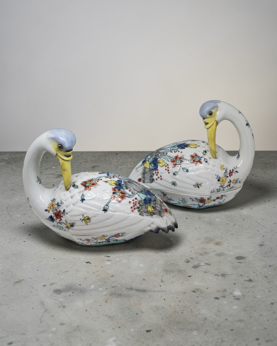 Samson - Coppia Di Cigni in Porcellana Policroma - Francia Inizio XX Secolo 